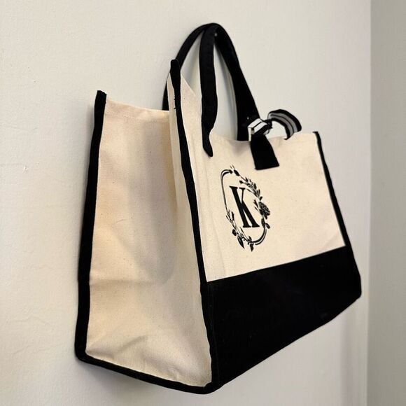 TopDesign Canvas Personalized Initial K 100% Cotton Black Cream Tote Bag OS - Picture 2 of 6